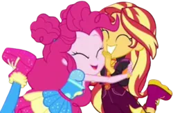 Size: 3847x2520 | Tagged: safe, derpibooru import, edit, edited screencap, editor:homersimpson1983, screencap, pinkie pie, sunset shimmer, human, equestria girls, g4, background removed, duo, duo female, female, hug, image, not a vector, png