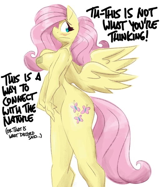 Size: 3000x3484 | Tagged: questionable, artist:flutterthrash, derpibooru import, fluttershy, anthro, pegasus, plantigrade anthro, g4, 2d, ankles, blushing, breasts, busty fluttershy, complete nudity, concave belly, cutie mark, dialogue, embarrassed, erect nipples, female, high res, image, implied discord, legs, nipples, nudism, nudist, nudist fluttershy, nudity, png, simple background, solo, solo female, spread wings, thighs, white background, wings