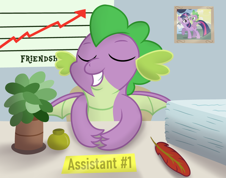 Size: 3400x2684 | Tagged: safe, artist:sweetielover, derpibooru import, spike, twilight sparkle, dragon, g4, atg 2024, cute, desk, eyes closed, feather, high res, image, inkwell, male, newbie artist training grounds, office, paper, photo, plant, plaque, png, proud, smiling, solo, spikabetes, spread wings, wings