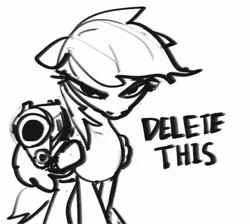 Size: 428x384 | Tagged: safe, pegasus, pony, delet this, gun, handgun, image, jpeg, looking at you, monochrome, pistol, pointing gun at you, simple background, sketch, solo, threatening you, winghold