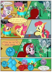 Size: 2700x3713 | Tagged: safe, artist:gm-scoots, derpibooru import, apple bloom, scootaloo, sweetie belle, breezie, earth pony, pegasus, undead, unicorn, vampire, comic:bleeding hearts, arrow, horn, image, png, tree