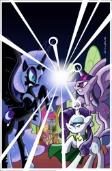 Size: 2500x3818 | Tagged: safe, artist:thom zahler, derpibooru import, idw, applejack, fluttershy, nightmare moon, pinkie pie, rainbow dash, rarity, twilight sparkle, twilight sparkle (alicorn), alicorn, earth pony, pegasus, pony, unicorn, spoiler:comic, spoiler:comic45, 2016, armor, beam struggle, blast, cape, clothes, comic cover, cover, cover art, female, flying, g4, helmet, hoof shoes, horn, image, jpeg, magic, magic beam, magic blast, mane six, mare, my little pony logo, princess shoes, rearing, signature, spread wings, tail, textless version, variant cover, wings