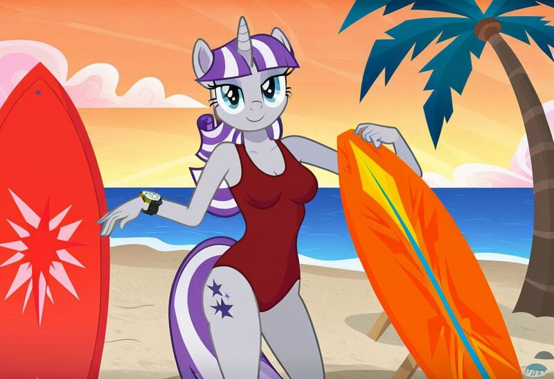 Size: 1216x832 | Tagged: safe, ai content, machine learning generated, stable diffusion, twilight velvet, anthro, unicorn, baywatch, beach, busty twilight velvet, flirty, jpeg, one-piece swimsuit, palm tree, seductive pose, sexy, smiling, solo, standing, sunbathing, surfboard