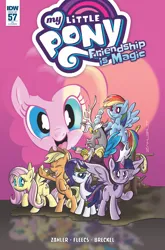 Size: 2063x3131 | Tagged: safe, artist:thom zahler, derpibooru import, idw, applejack, discord, fluttershy, pinkie pie, rainbow dash, rarity, twilight sparkle, twilight sparkle (alicorn), alicorn, earth pony, pegasus, pony, unicorn, spoiler:comic, spoiler:comic57, 2017, comic cover, cover, cover art, female, g4, horn, image, jpeg, mane six, mare, my little pony logo, official comic, salvador dalí, signature, spread wings, the persistence of memory, variant cover, wings