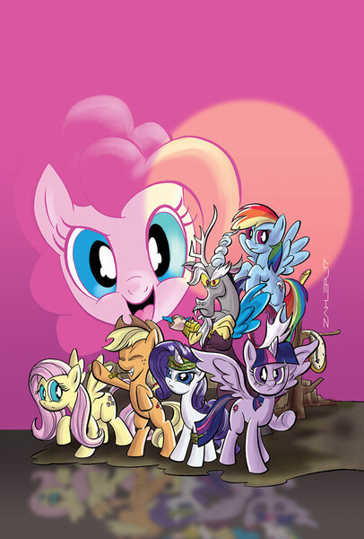 Size: 800x1183 | Tagged: safe, alternate version, artist:thom zahler, derpibooru import, idw, applejack, discord, fluttershy, pinkie pie, rainbow dash, rarity, twilight sparkle, twilight sparkle (alicorn), alicorn, earth pony, pegasus, pony, unicorn, spoiler:comic, spoiler:comic57, 2017, comic cover, cover, cover art, female, g4, horn, image, jpeg, mane six, mare, salvador dalí, signature, spread wings, textless, textless version, the persistence of memory, variant cover, wings