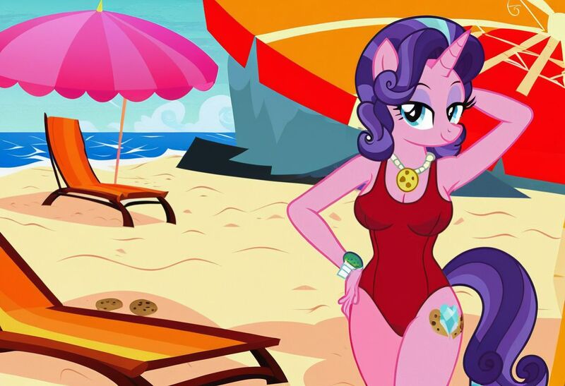 Size: 1216x832 | Tagged: safe, ai content, machine learning generated, stable diffusion, cookie crumbles, anthro, unicorn, arm behind head, baywatch, beach, busty cookie crumbles, flirty, hand on hip, jpeg, lawn chair, one-piece swimsuit, seductive pose, sexy, smiling, solo, standing, sunbathing, umbrella