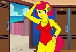 Size: 1216x832 | Tagged: safe, ai content, machine learning generated, stable diffusion, posey shy, anthro, pegasus, baywatch, beach, busty posey shy, changing room, flirty, glasses off, hand on head, hand on hip, jpeg, lockers, one-piece swimsuit, seductive pose, sexy, smiling, solo, standing