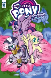 Size: 2063x3131 | Tagged: safe, artist:thom zahler, derpibooru import, idw, fluttershy, twilight sparkle, twilight sparkle (alicorn), zecora, alicorn, pegasus, pony, zebra, spoiler:comic58, 2017, comic cover, cover, cover art, ear piercing, earring, female, flower, image, jewelry, jpeg, mare, my little pony logo, neck rings, official comic, piercing, raised hoof, signature, smiling, spread wings, tail, trio, variant cover, wings