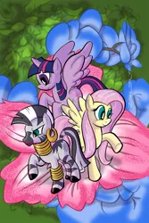 Size: 1137x1700 | Tagged: safe, alternate version, artist:thom zahler, derpibooru import, idw, fluttershy, twilight sparkle, twilight sparkle (alicorn), zecora, alicorn, pegasus, pony, zebra, spoiler:comic58, 2017, comic cover, cover, cover art, ear piercing, earring, female, flower, image, jewelry, jpeg, mare, neck rings, piercing, raised hoof, signature, smiling, spread wings, tail, textless, textless version, trio, variant cover, wings