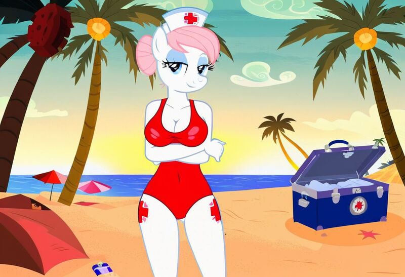 Size: 1216x832 | Tagged: safe, ai content, machine learning generated, stable diffusion, nurse redheart, anthro, earth pony, baywatch, beach, busty nurse redheart, crossed arms, first aid kit, flirty, jpeg, one-piece swimsuit, palm tree, seductive pose, sexy, smiling, solo, standing, sunbathing, umbrella