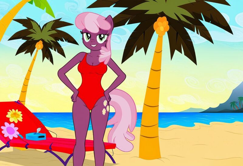 Size: 1216x832 | Tagged: safe, ai content, machine learning generated, stable diffusion, cheerilee, anthro, earth pony, baywatch, beach, busty cheerilee, flirty, hand on hip, jpeg, lawn chair, one-piece swimsuit, palm tree, seductive pose, sexy, smiling, solo, standing, sunbathing