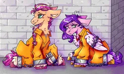 Size: 3000x1800 | Tagged: safe, artist:heart-sketch, artist:heartsketch1, derpibooru import, pipp petals, sunny starscout, g5, bound wings, brick wall, chained, chains, clothes, commissioner:rainbowdash69, cuffed, cuffs, image, jail, never doubt rainbowdash69's involvement, png, prison, prison outfit, prisoner, prisoner pipp, prisoner ss, shackles, wings