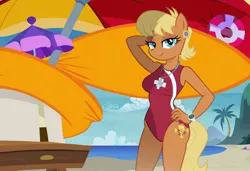 Size: 1216x832 | Tagged: safe, ai content, machine learning generated, stable diffusion, ms. harshwhinny, anthro, earth pony, arm behind head, baywatch, beach, busty ms. harshwhinny, flirty, hand on hip, jpeg, one-piece swimsuit, palm tree, seductive pose, sexy, smiling, solo, standing, sunbathing, umbrella