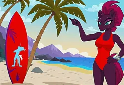 Size: 1216x832 | Tagged: safe, ai content, machine learning generated, stable diffusion, tempest shadow, anthro, unicorn, baywatch, beach, busty tempest shadow, flirty, hand on hip, jpeg, mountain, one-piece swimsuit, palm tree, seductive pose, sexy, smiling, solo, standing, sunbathing, surfboard