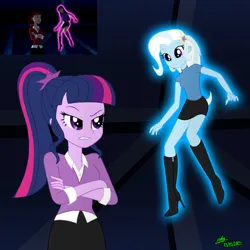 Size: 1920x1920 | Tagged: safe, artist:gibsterboy5, derpibooru import, sci-twi, trixie, twilight sparkle, human, equestria girls, background, ben 10, ben 10 ultimate alien, boots, clothes, duo, g4, glow, gwen tennyson, high heel boots, image, jpeg, levitation, looking at each other, looking at someone, looking down, magic, missing accessory, no glasses, reference used, shirt, shoes, signature, simple background, skirt, sunny tennyson, telekinesis, transparent background