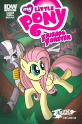 Size: 2063x3131 | Tagged: safe, artist:thom zahler, derpibooru import, idw, fluttershy, zecora, pegasus, pony, zebra, comic, comic cover, cover, cover art, duo focus, ear piercing, earring, female, folded wings, friends forever #5, g4, glow, glowing eyes, image, jewelry, jpeg, looking back, mare, my little pony logo, my little pony: friends forever, neck rings, open mouth, piercing, red eyes, red eyes take warning, running, tail, variant cover, watermark, wings