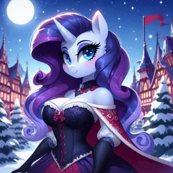 Size: 1024x1024 | Tagged: safe, ai content, derpibooru import, machine learning generated, prompter:glimmy-glam, rarity, anthro, blushing, bow, cape, choker, clothes, corset, dress, flag, fur, generator:dall-e 3, gloves, image, jpeg, moon, night, pine tree, skirt, snow, solo, tree, village, winter