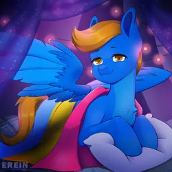 Size: 2000x2000 | Tagged: safe, alternate version, artist:erein, derpibooru import, oc, oc:rio tunehoof, unofficial characters only, pegasus, pony, alternate character, bedroom, blue fur, chest fluff, commission, ears up, flag, garland, high res, image, indoors, jpeg, lgbt, looking at you, male, night, pansexual, pansexual pride flag, pillow, pride, pride flag, pride month, room, smiling, smiling at you, solo, spread wings, string lights, wings, ych result