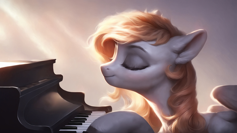 Size: 3840x2160 | Tagged: safe, ai content, derpibooru import, machine learning generated, prompter:derp621, stable diffusion, derpy hooves, pegasus, eyes closed, g4, generator:pony diffusion v6 xl, image, jpeg, musical instrument, piano, prompt in description