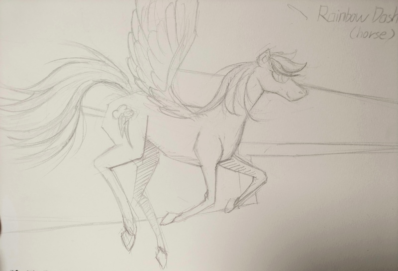 Size: 4000x2721 | Tagged: safe, derpibooru import, rainbow dash, horse, pegasus, flying, image, jpeg, paper, pencil drawing, photo, side view, simple background, sketch, solo, text, traditional art, white background