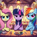 Size: 1024x1024 | Tagged: safe, ai content, derpibooru import, machine learning generated, fluttershy, rainbow dash, twilight sparkle, pegasus, pony, unicorn, angry, crossed arms, diner, female, fluttershy is not amused, g4, generator:dall-e 3, glare, horn, image, jpeg, mare, not impressed, rainbow dash is not amused, stare, twilight sparkle is not amused, uh oh, unamused