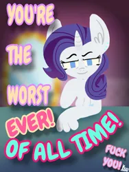 Size: 2160x2880 | Tagged: safe, artist:kenn, derpibooru import, rarity, anthro, cute, funny, image, insult, jpeg, poster, smug, solo, text, vulgar