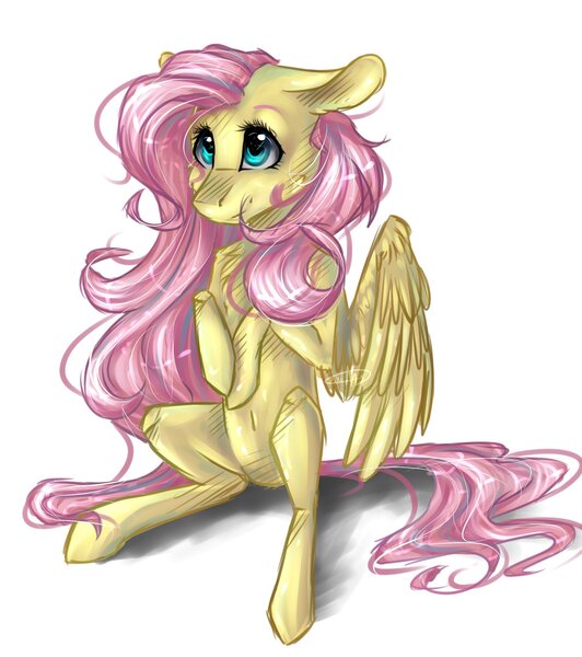 Size: 1915x2160 | Tagged: safe, artist:pikinas13, derpibooru import, fluttershy, pegasus, pony, floppy ears, g4, image, jpeg, old art, simple background, sitting, solo, white background