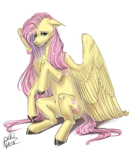 Size: 1768x2048 | Tagged: safe, artist:pikinas13, derpibooru import, fluttershy, pegasus, pony, floppy ears, g4, image, jpeg, simple background, sitting, solo, white background