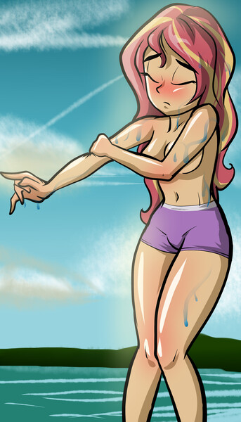 Size: 2000x3500 | Tagged: questionable, artist:nolyanimeid, derpibooru import, sunset shimmer, human, equestria girls, 2d, belly button, blushing, boyshorts, breasts, cleavage, clothes, cloud, eyes closed, female, g4, image, jpeg, midriff, outdoors, panties, partial nudity, sky, solo, sun, topless, underwear