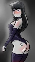 Size: 2000x3500 | Tagged: suggestive, artist:nolyanimeid, derpibooru import, octavia melody, human, equestria girls, 2d, ass, blushing, breasts, butt, clothes, eyebrows, eyebrows visible through hair, female, g4, image, jpeg, legs, leotard, looking at you, nylon, socks, thigh highs