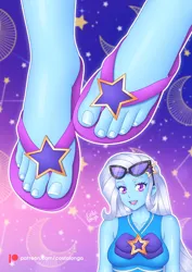 Size: 1024x1449 | Tagged: safe, artist:costalonga, derpibooru import, trixie, equestria girls, breasts, cute, feet, female, fetish, flip-flops, foot fetish, foot focus, g4, image, jpeg, looking at you, sandals, smiling, solo, sunglasses, toes