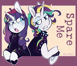 Size: 3000x2598 | Tagged: safe, artist:urbanqhoul, derpibooru import, rarity, pony, unicorn, alternate hairstyle, beatnik rarity, beret, bracelet, clothes, duality, female, g4, gritted teeth, hat, high res, horn, image, jpeg, leather, leather vest, lidded eyes, mare, open mouth, passepartout, punk, raripunk, signature, spiked wristband, sweater, teeth, text, turtleneck, vest, wristband