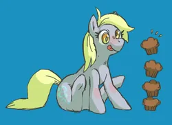 Size: 1914x1392 | Tagged: safe, artist:bebekitty, derpibooru import, derpy hooves, pegasus, pony, blue background, blushing, cute, derpabetes, emanata, food, g4, image, muffin, png, simple background, sitting, smiling, solo, tongue out, wingless