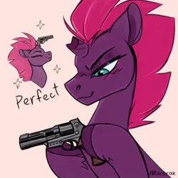 Size: 1240x1240 | Tagged: safe, artist:anoraknr, derpibooru import, tempest shadow, pony, unicorn, broken horn, eyes closed, g4, gun, handgun, headcannon, horn, image, jpeg, prosthetic horn, prosthetics, revolver, smiling, solo, sparkles, weapon