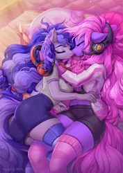 Size: 998x1406 | Tagged: safe, artist:margony, derpibooru import, oc, oc:cinnabyte, oc:lillybit, unofficial characters only, anthro, clothes, duo, duo female, eyes closed, female, glasses off, headset, image, lesbian, lying down, oc x oc, on back, overhead view, png, shipping, side, skirt, socks, striped socks