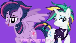 Size: 1920x1080 | Tagged: safe, artist:cheezedoodle96, artist:davidsfire, derpibooru import, edit, editor:jaredking779, rarity, twilight sparkle, twilight sparkle (alicorn), alicorn, pony, unicorn, alternate hairstyle, bracelet, clothes, duo, duo female, female, g4, horn, image, jacket, jewelry, jpeg, lidded eyes, mohawk, punk, punklight sparkle, purple background, simple background