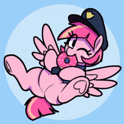 Size: 500x500 | Tagged: safe, artist:thebatfang, derpibooru import, oc, oc:sweet serving, unofficial characters only, pegasus, pony, animated, belly, cute, donut, food, gif, image, pegasus oc, police officer, solo, wings