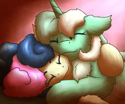 Size: 2400x2000 | Tagged: safe, artist:gosha305, derpibooru import, bon bon, lyra heartstrings, sweetie drops, pony, bust, chest fluff, cute, duo, ear fluff, eyes closed, female, fluffy, horn, hug, image, lesbian, lying down, lyrabetes, lyrabon, mare, morning, png, portrait, shipping, sleeping, smiling, snuggling