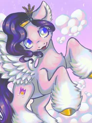 Size: 1080x1440 | Tagged: safe, artist:cl24z7, derpibooru import, pipp petals, pegasus, pony, g5, chest fluff, cloud, coat markings, ear fluff, female, gradient background, hoof fluff, image, mare, open mouth, open smile, png, rearing, smiling, socks (coat marking), solo, spread wings, wings