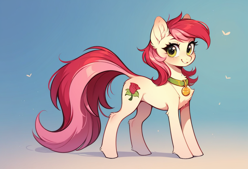 Size: 1216x832 | Tagged: safe, ai content, derpibooru import, machine learning generated, prompter:doom9454, stable diffusion, roseluck, pony, collar, cute, fluffy, generator:pony diffusion v6 xl, image, long tail, looking at you, pet tag, png, pony pet, rosepet, standing, tail