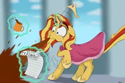 Size: 1500x1000 | Tagged: safe, artist:rapid9, derpibooru import, sunset shimmer, pony, unicorn, bacon hair, clothes, coffee, coffee mug, crown, dress, horn, image, jewelry, levitation, magic, magic aura, mug, png, princess, regalia, spit take, surprised, telekinesis