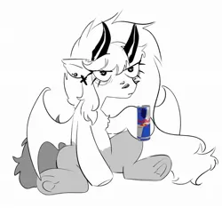 Size: 2075x1945 | Tagged: safe, artist:opalacorn, derpibooru import, oc, unofficial characters only, demon, demon pony, original species, pony, drink, energy drink, female, frown, grayscale, hoof hold, horns, image, jpeg, mare, monochrome, partial color, red bull, simple background, sitting, solo, white background
