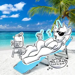 Size: 1807x1809 | Tagged: safe, artist:opalacorn, derpibooru import, oc, unofficial characters only, pony, unicorn, beach, beach chair, chair, cherry, drink, food, horn, image, jpeg, levitation, lounging, magic, music notes, ocean, palm tree, punch (drink), punch bowl, solo, telekinesis, tree, water