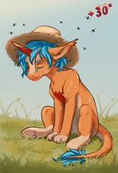 Size: 832x1216 | Tagged: safe, artist:kirby_orange, derpibooru import, oc, oc:kirby orange, hybrid, unicorn, ear fluff, eyes closed, grass, hat, heat, hooves, horn, hot day huh?, image, male, orange body, paws, png, quadrupedal, scales, short hair, sitting, tail, tired