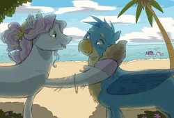 Size: 1322x900 | Tagged: safe, artist:universalheart, derpibooru import, gallus, oc, oc:fizzle, oc:summerfree apple, oc:wind wisher, earth pony, pegasus, pony, beach, duo focus, hoof hold, image, male, ocean, open mouth, open smile, png, seashell, smiling, stallion, water