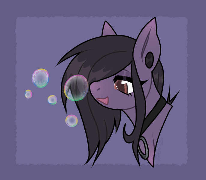 Size: 895x783 | Tagged: safe, artist:pensu, derpibooru import, oc, oc:pen pressure, unofficial characters only, earth pony, pony, bubble, bust, collar, digital art, eyeliner, image, long hair, long mane, makeup, nonbinary, pen pressure, png, portrait, sfw, solo