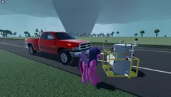 Size: 1858x1057 | Tagged: safe, derpibooru import, twilight sparkle, twilight sparkle (alicorn), alicorn, pony, dodge ram, female, g4, game screencap, image, movie reference, pickup truck, png, roblox, solo, tornado, twisted (game), twister