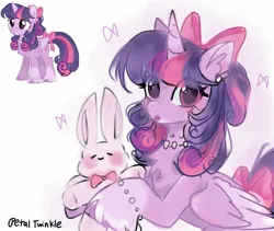 Size: 2048x1726 | Tagged: safe, artist:petaltwinkle, derpibooru import, twilight sparkle, twilight sparkle (alicorn), alicorn, pony, rabbit, alternate design, alternate hairstyle, animal, bow, bracelet, chest fluff, colored hooves, colored wings, ear piercing, earring, female, folded wings, g4, hair bow, holding, holding a bunny, horn, image, jewelry, jpeg, looking at you, mare, necklace, piercing, ponytail, signature, simple background, solo, tail, tail bow, unshorn fetlocks, white background, wings