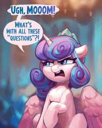 Size: 1600x2000 | Tagged: safe, artist:jewellier, derpibooru import, princess flurry heart, alicorn, pony, series:ask flurry heart, abstract background, ask, cover art, crown, english, female, filly, flurry heart is not amused, foal, g4, image, implied princess cadance, jewelry, mare, mlp art ask (ru), older, older flurry heart, png, regalia, solo, speech bubble, text, translation, unamused