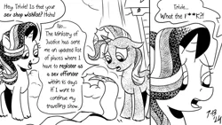 Size: 1200x675 | Tagged: safe, artist:pony-berserker, derpibooru import, starlight glimmer, trixie, pony, unicorn, duo, duo female, female, horn, image, list, oh no, png, pony-berserker's twitter sketches, pony-berserker's twitter sketches (2024), sex offender, sex offender shuffle, wait what